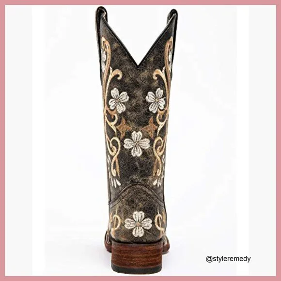 Distressed Leather Embroidered Snip Toe Western Boots Mid Calf - Picture 5 of 7